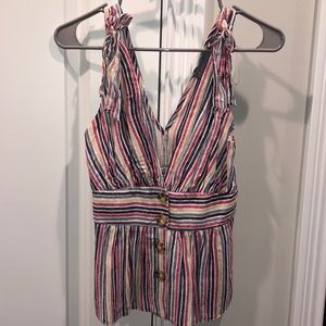 Boutique, colorful striped blouse with V-neck and faux tie sleeves